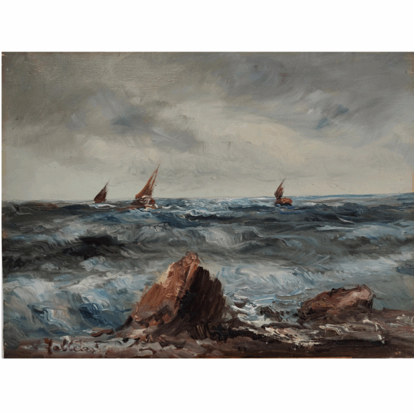 Marine con scogli e imbarcazioni, Olio su tela, 1930 - immagine 2