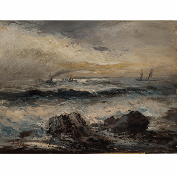 Marine con scogli e imbarcazioni, Olio su tela, 1930 - immagine 3