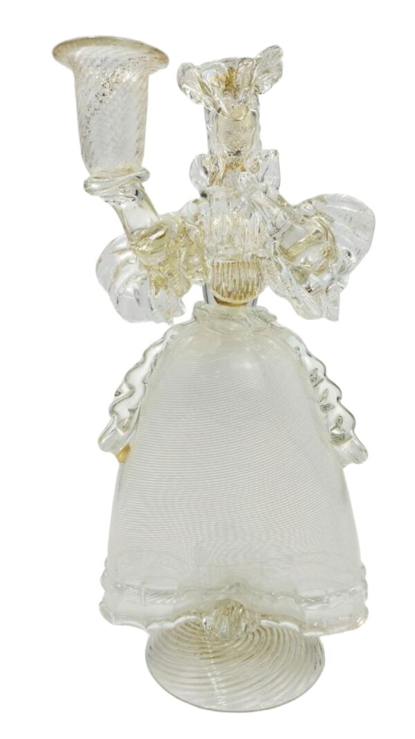 Coppia di candelieri in vetro di Murano, figurine goldoniane, Italia, anni '80 - immagine 2