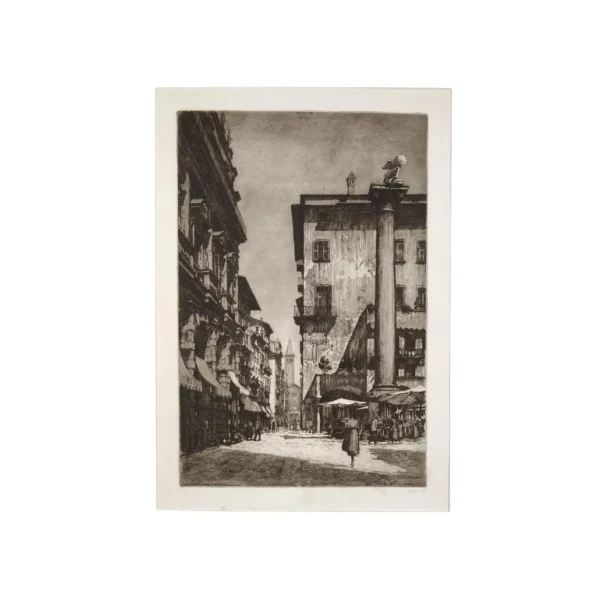 Acquaforte Piazza delle Erbe a Verona 1928 di Ettore Fagiuoli