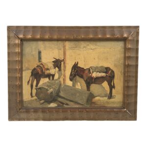 Olio su tela applicato a tavola, "Due asinelli", 1930 ca., di autore sconosciuto