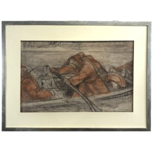 Disegno a sanguigna e carboncino di Marco Novati, Trasporto di un ammalato in Laguna, 1930