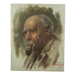 Olio su tavola di Gueri da Santomio, "Volto di anziano con pipa", 1971, Italia