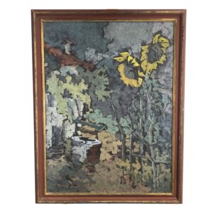 Olio su tela di Giuseppe Serato,"Cortile con pozzo e girasoli", 1960 ca., Italia