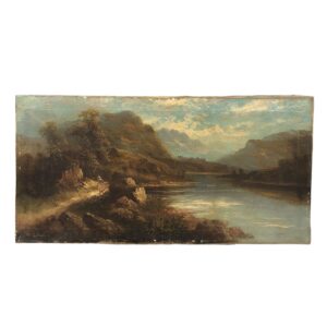 Olio su tela di autore di ambito inglese, "Paesaggio con fiume", fine XIX secolo